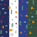 Set of four seamless children`s forest patterns with foxes, wolves, stars, moons